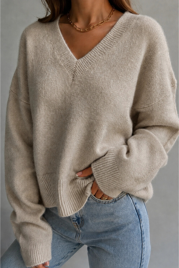 Women's Beige Cotton Soft Texture V-Neck Oversize Knitwear Sweater