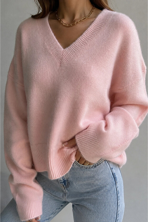 Women's Powder Pink Cotton Soft Texture V-Neck Oversize Knitwear Sweater