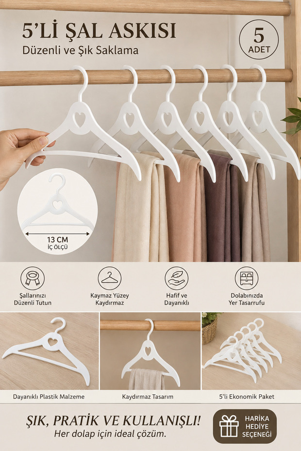 Pack of 5 Shawl Hangers Non-Slip Surface Closet Organizer Multi-Purpose Heart Design Hanger