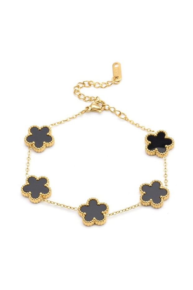 black 20cm Adjustable Gold-Plated Stainless Steel Plant Flower Bracelet With Five Leaf Petals Women'