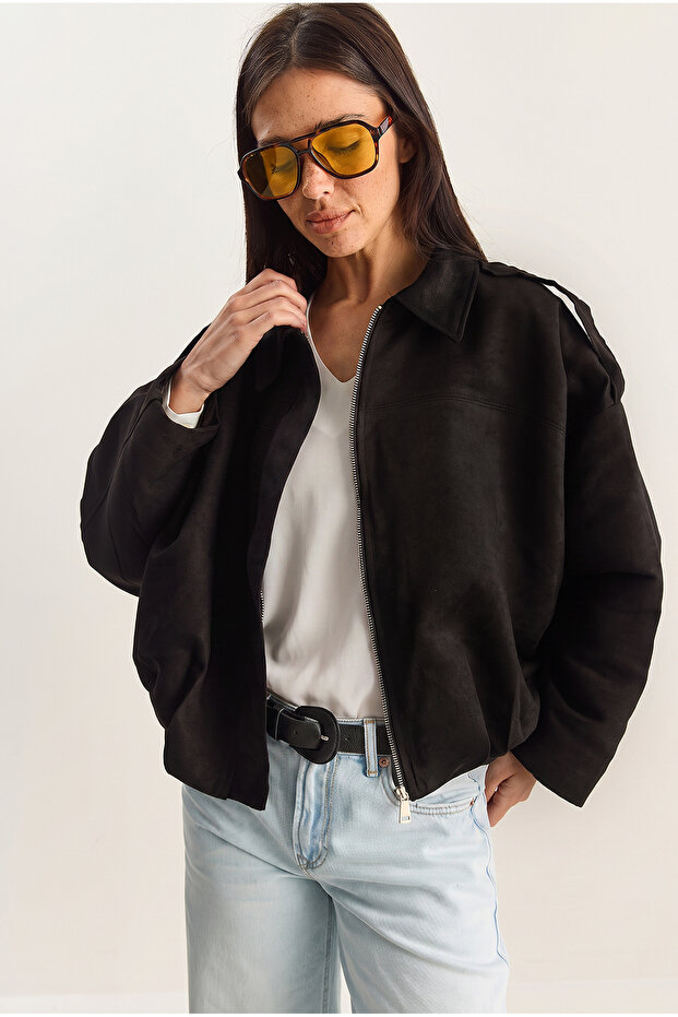 Women's Black Suede Look Lined Bomber Jacket 2801 60281129