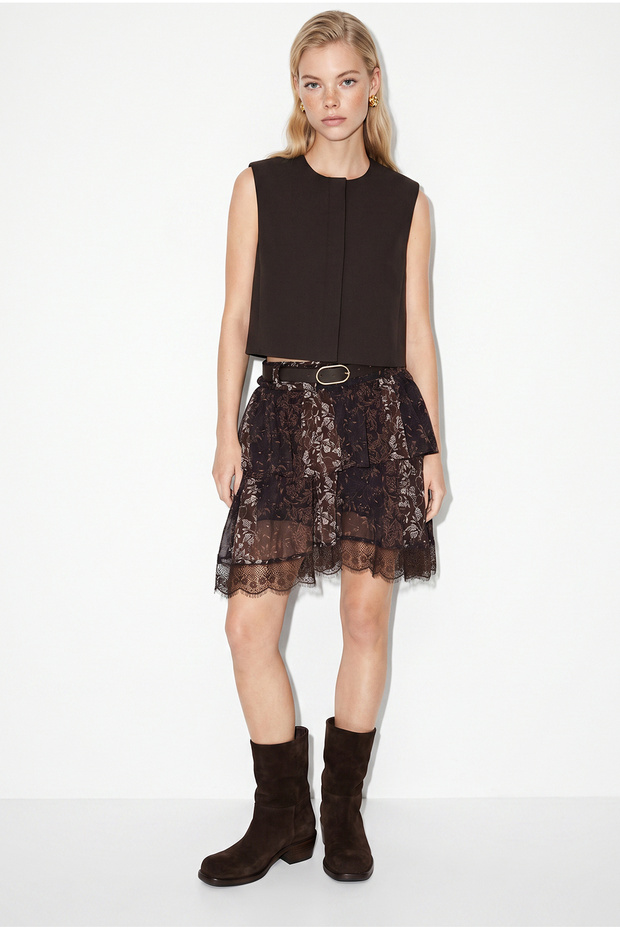 Women's Navy Blue-Khaki Belted Lined Lace Detailed Mini Skirt 4172 60283981