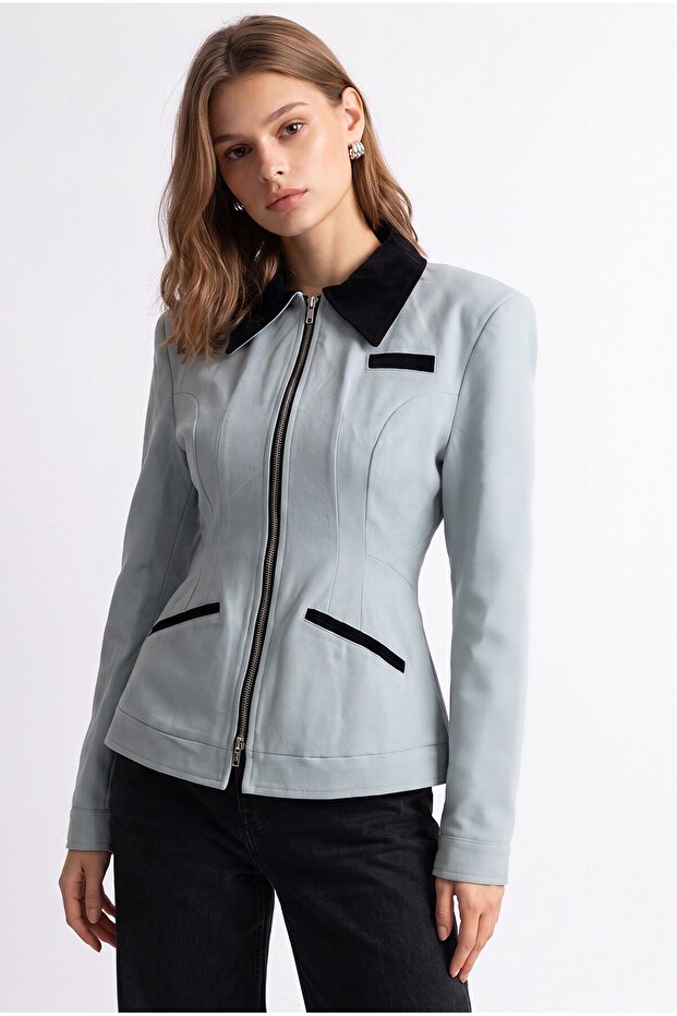 2226 Women's Lined Filet Pocket Double Zipper Slim Fit Jacket Ice Blue