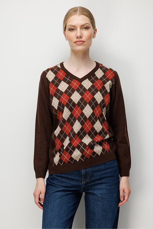 Women's V-Neck Diamond Pattern Wool Sweater Dark Brown