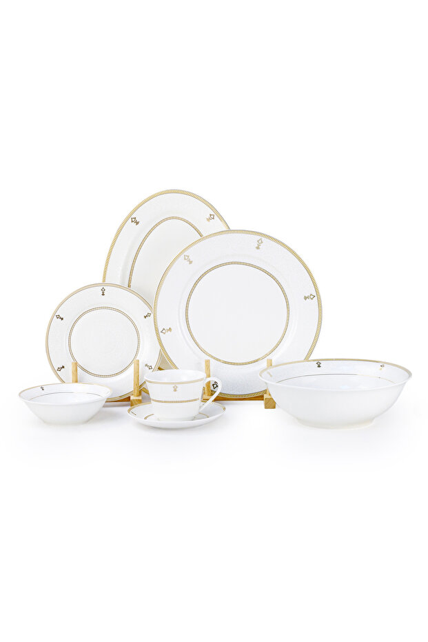 ZAYA 32 Pc New Bone China Dinner Set for 6 Persons – White Embossed Ornamental Design