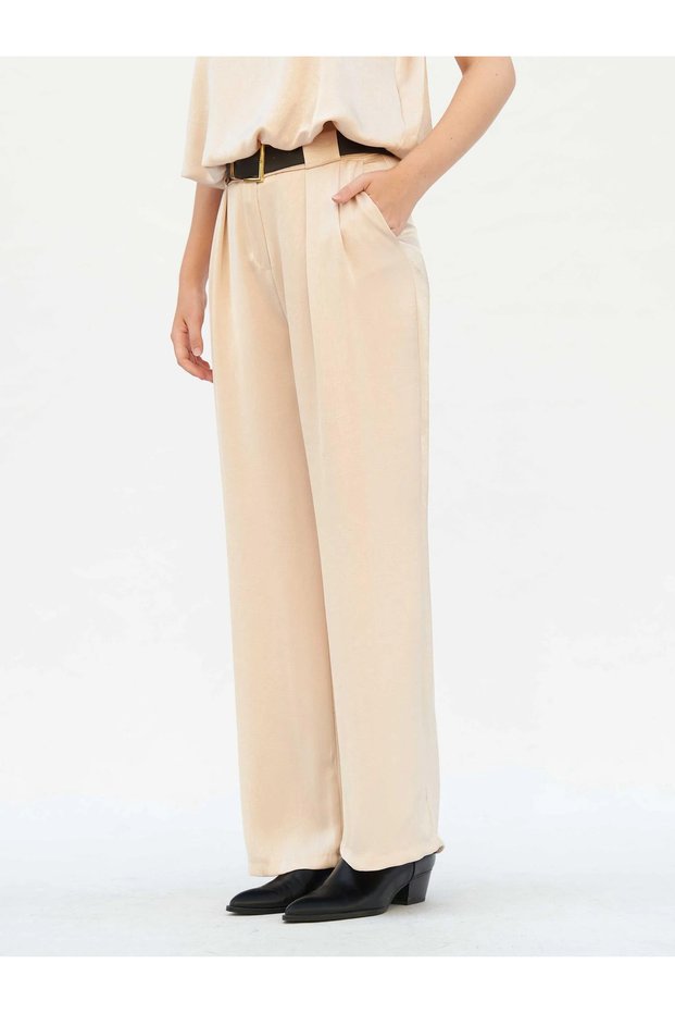 Women's Beige Satin Belted High Waist Wide Leg Long Trousers with Side Pockets