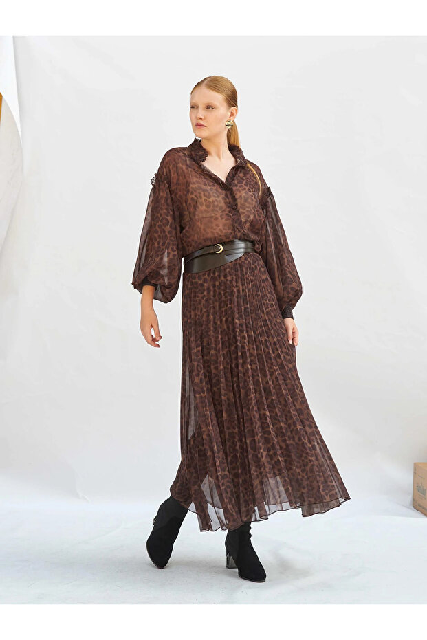 Women's Brown Leopard Patterned Pleated Long Woven Skirt Autumn Winter