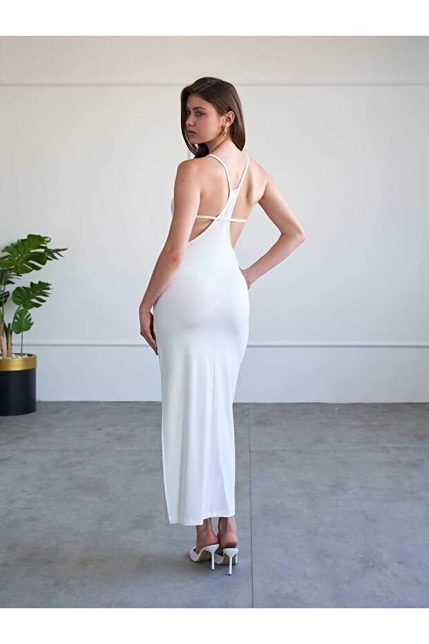 Women's Ecru Dress with Straps, Square Neckline, Backless, Slit, Midi Knitted