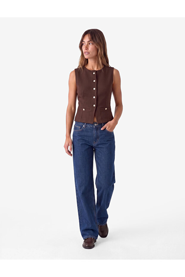 Buttoned Slim Fit Crew Neck Sleeveless Cardigan