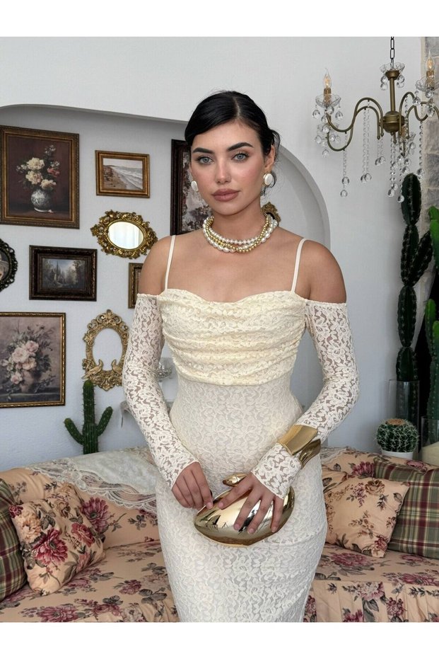 Women's Beige Lace Midi Dress Strappy Off Shoulder Long Sleeve Draped
