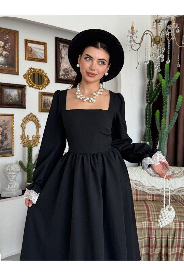 Women's Black Midi Dress Square Neck Gathered Waist Lace Detailed Long Balloon Sleeves