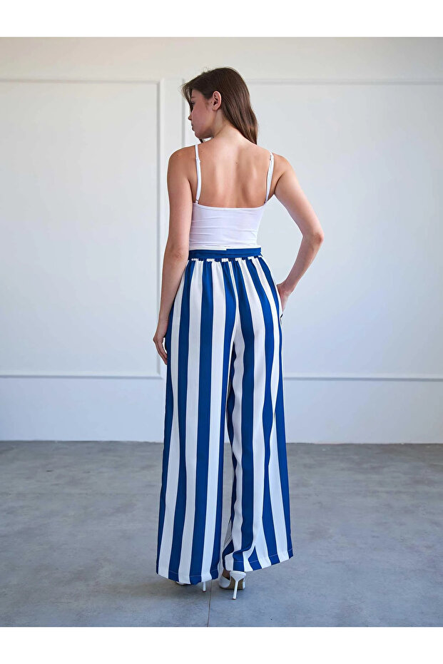 Women's Navy Blue Striped Elastic Waist Belted Wide Leg Long Woven Trousers