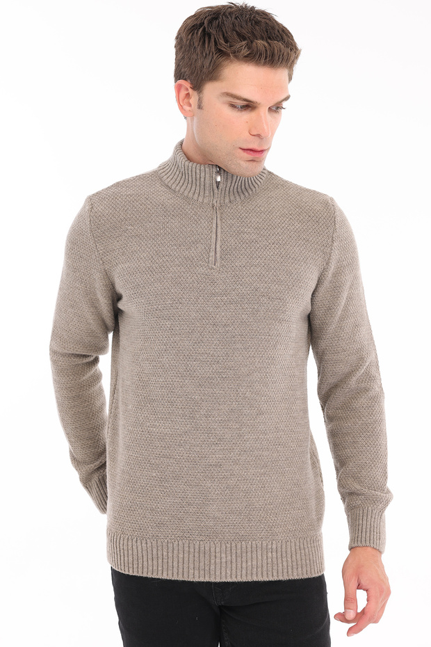 Mink Men's 80% Wool 20% Acrylic Rice Knit Half Zipper Stand Collar Knitwear Sweater Trist-5365