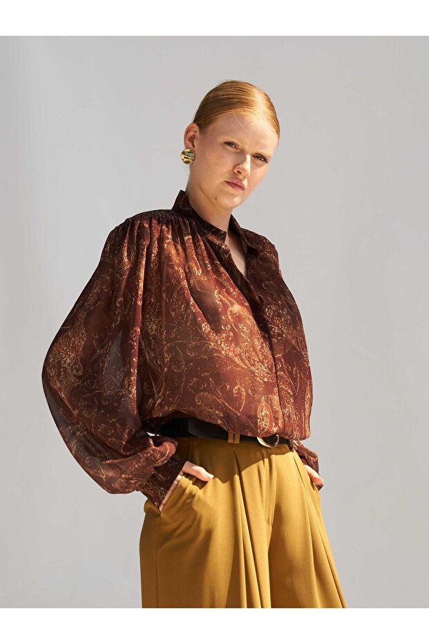 Women's Coffee Shirt Collar Shawl Patterned Balloon Sleeve Buttoned Woven Shirt