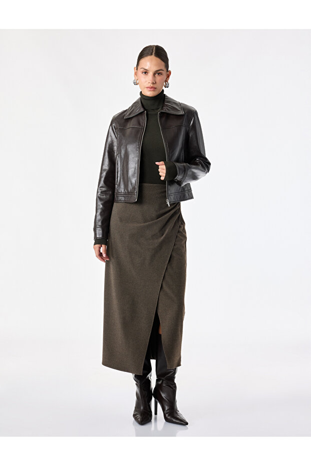 Normal Waist Draped Slit Detailed Midi Double Breasted Pencil Skirt