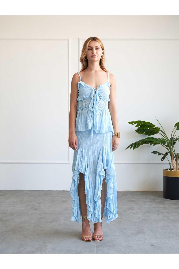 Women's Baby Blue Ruffled Lace Detailed Asymmetrical Slit Long Skirt