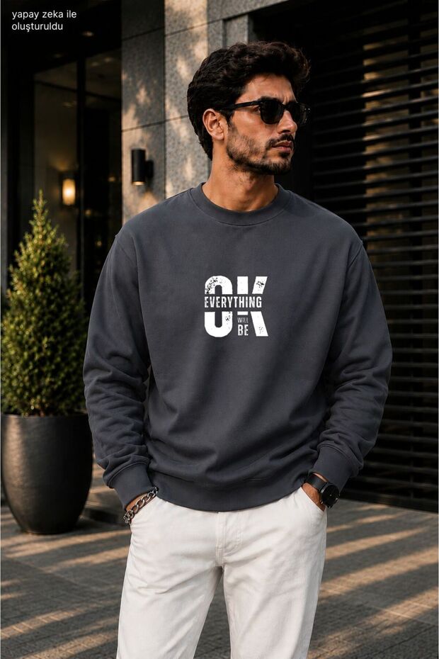 Men's Everything Will Be Ok Printed Cycling Round Neck Casual Sweatshirt