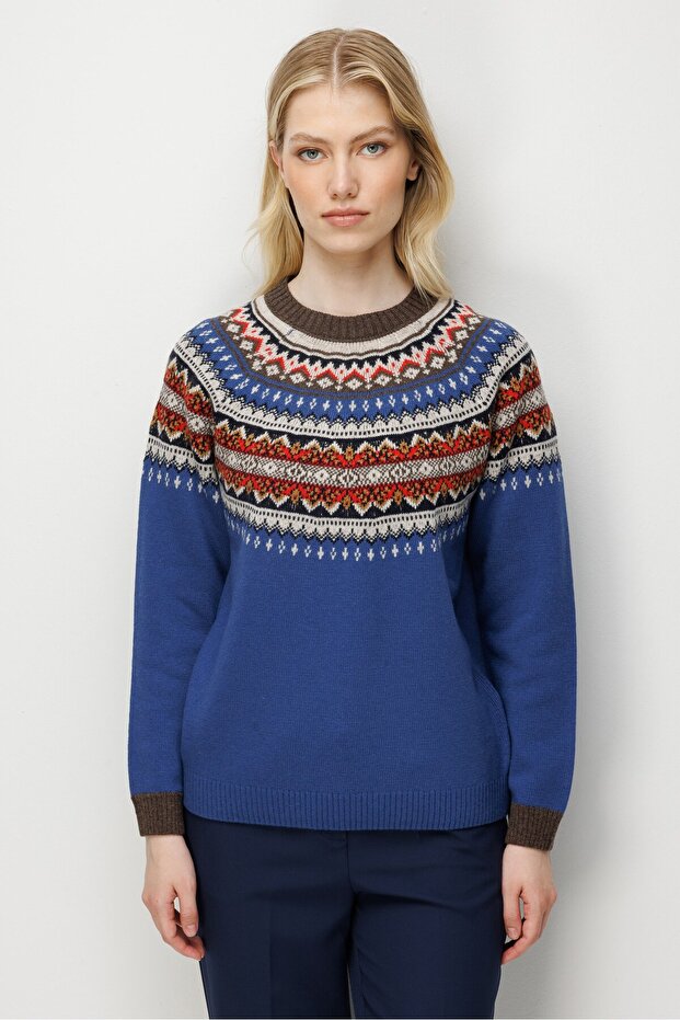 Women's Crew Neck Robe Jacquard Wool Sweater Blue