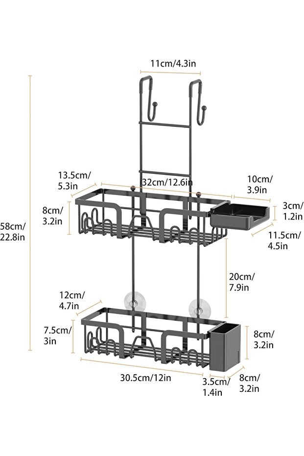 Shower Caddy, 2-Tier Hanging Rustproof Bathroom Organizer Shelf Shower Shelf with 16 Hooks,Bathroom Organizer Space-Saving Storage for Shampoo, Soap & Towels, Black