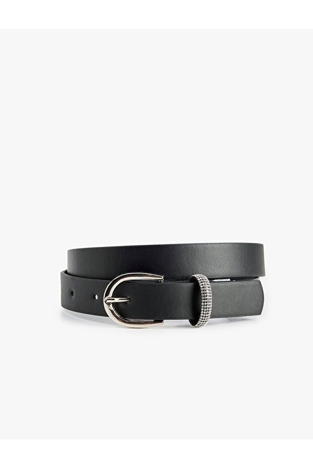 Faux Leather Belt with Stoned Metal Buckle