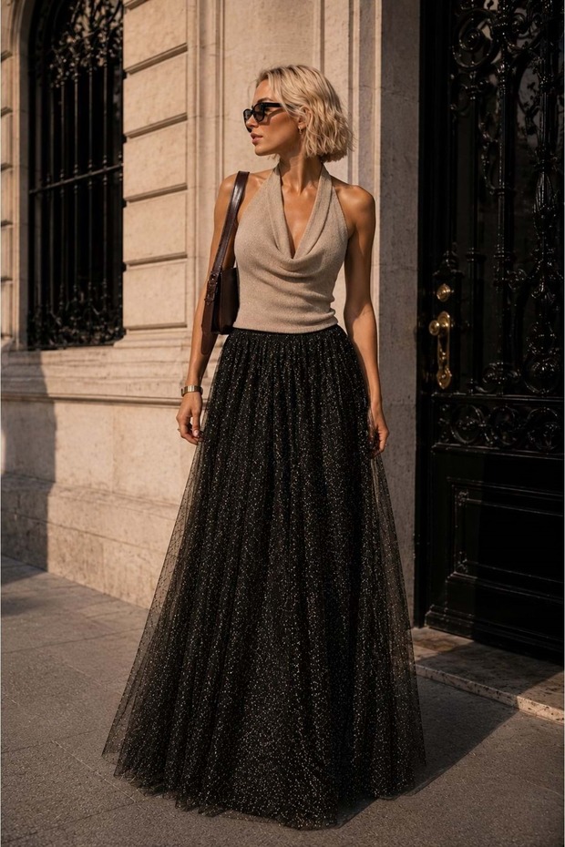 Elan shimmering mesh detail long skirt - cream - black shimmer detail