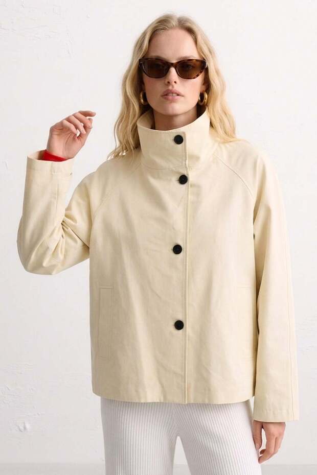 Women's Stand Collar Pocket Jacket - Stone