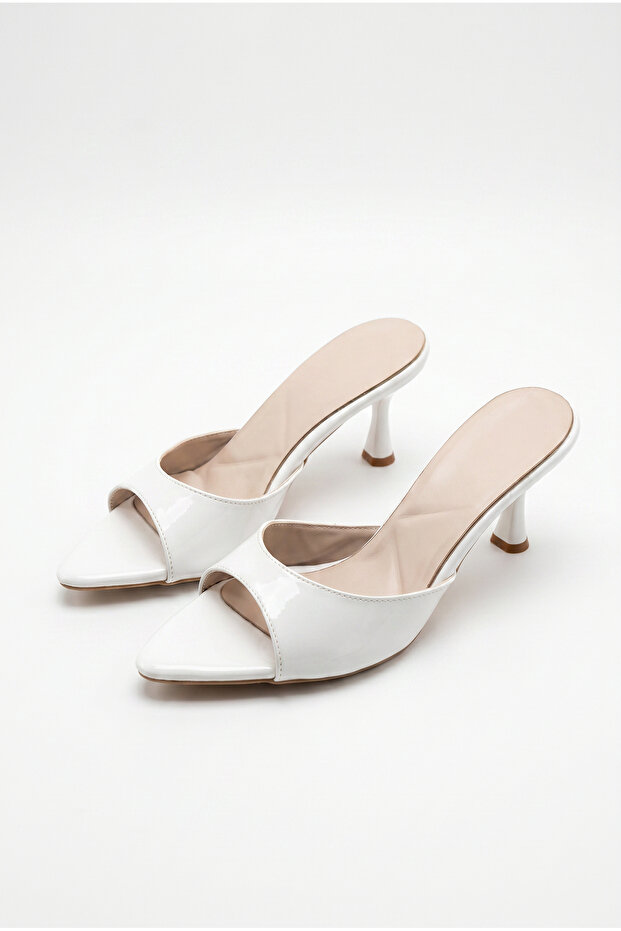 Women's White Patent Leather Open-Toe Thin Heeled Slippers 50021013