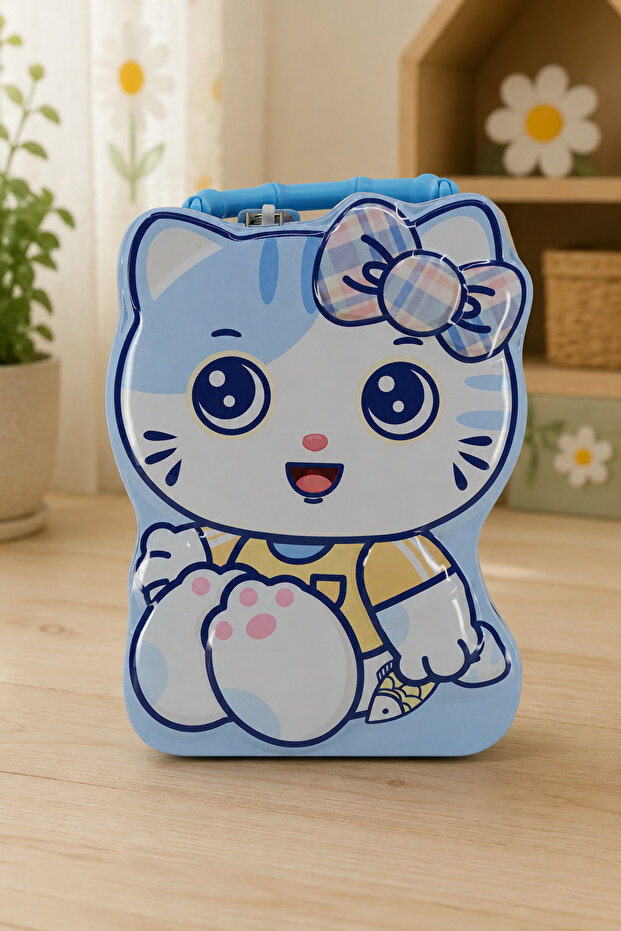 Blue Cute Cat Metal Lockable Piggy Bank | Money Saving & Gift Giving