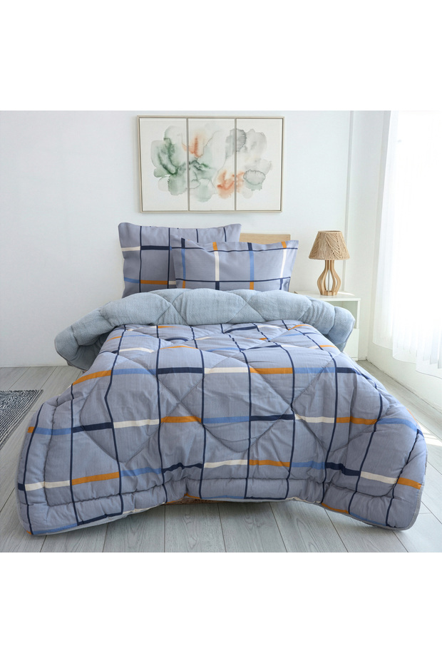 Single Double-Sided Plaid Patterned Wellsoft Quilt 155X215 + 1 Pillowcase