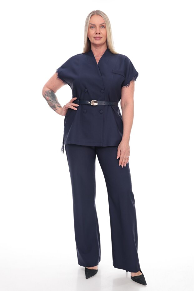 Plus Size Gold Buckle Belted Lace Detailed Thick Fabric Double Set