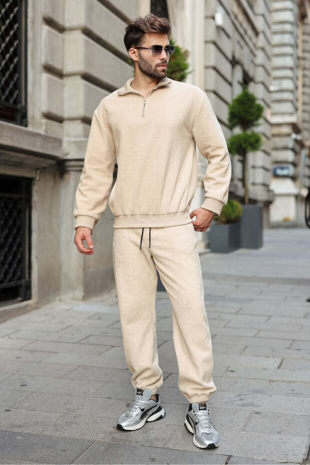 Beige Zipper Detailed Stand Collar Fleece Men's Tracksuit Set E7372