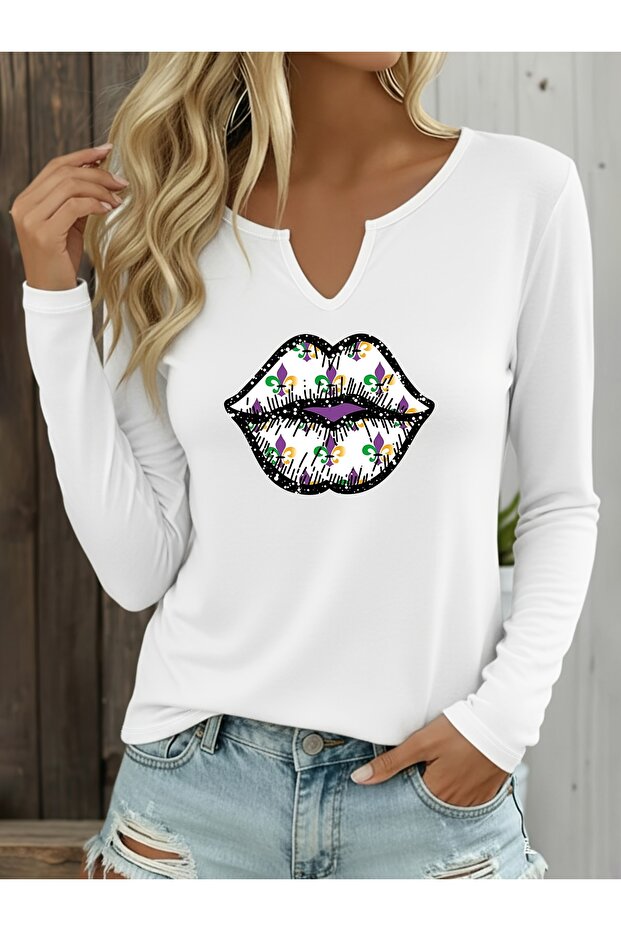 Printed Cotton Half V-Neck Long Sleeve Blouse T-Shirt