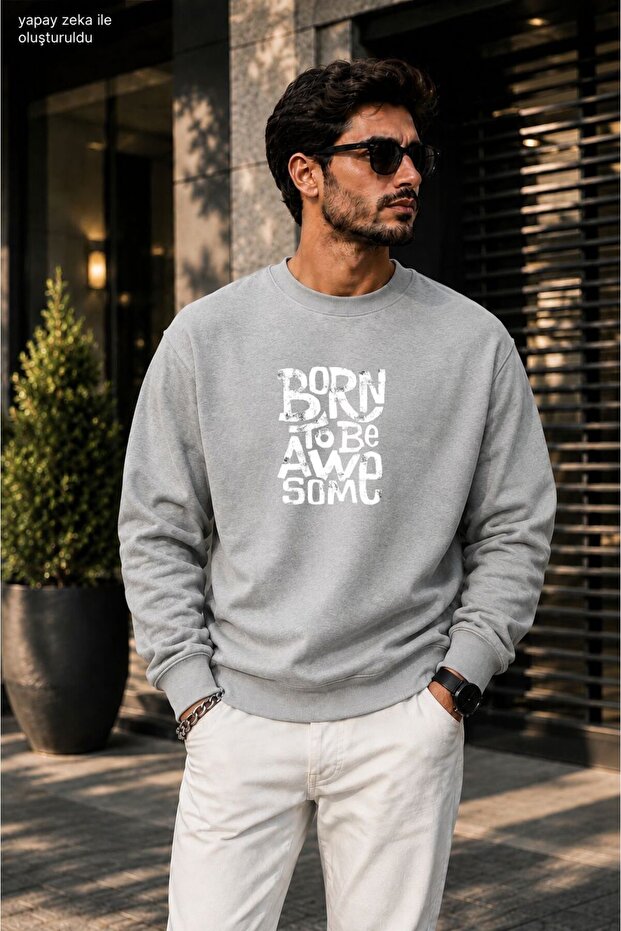 Men's Born to Be Awesome Printed Cycling Round Neck Casual Sweatshirt