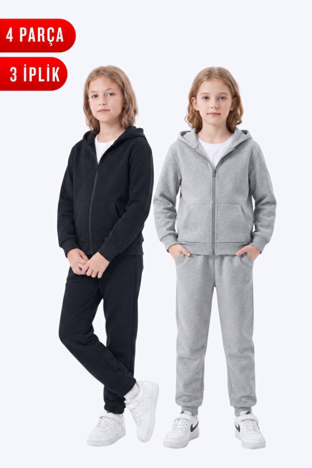 3 Thread Plain Girls' Zippered Hooded 2-Piece Tracksuit Set 4 Pieces