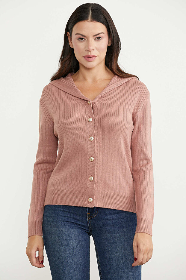 Ribbed Hooded Knit Cardigan - Rose