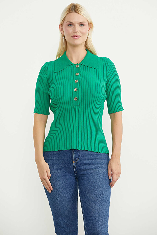 Button Detailed Short Sleeve Knit Sweater - Green