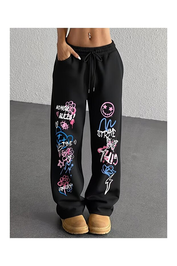 Butterfly Printed Baggy Cut Wide Leg Sweatpants
