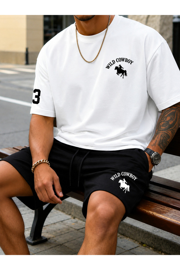 Men's Oversize Printed 100% Cotton T-Shirt Shorts Set Casual Combination Trend Style