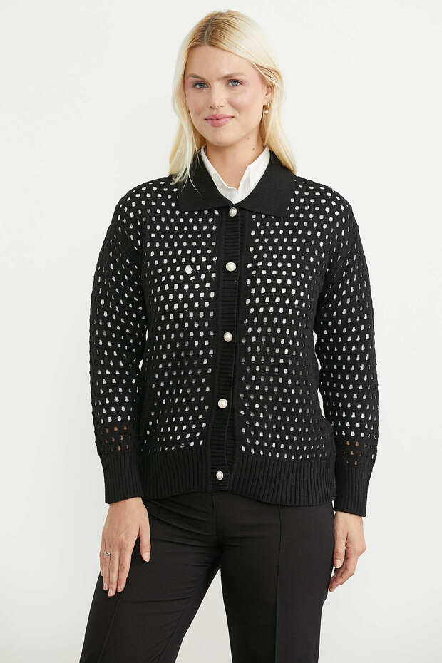 Hole Motif Buttoned Cotton Knitwear Cardigan - Black