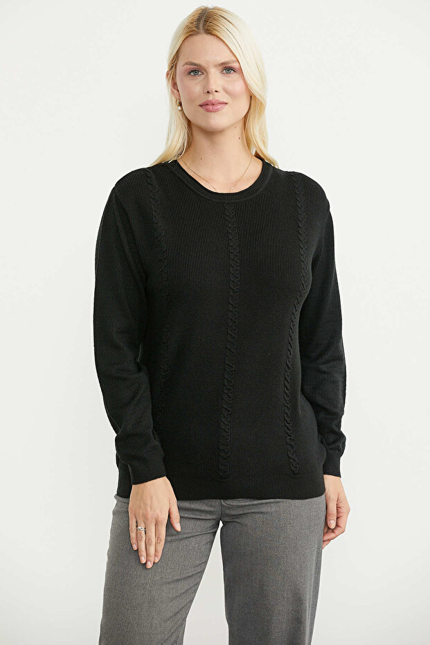 Hair Braid Motif Casual Knitwear Sweater - Black