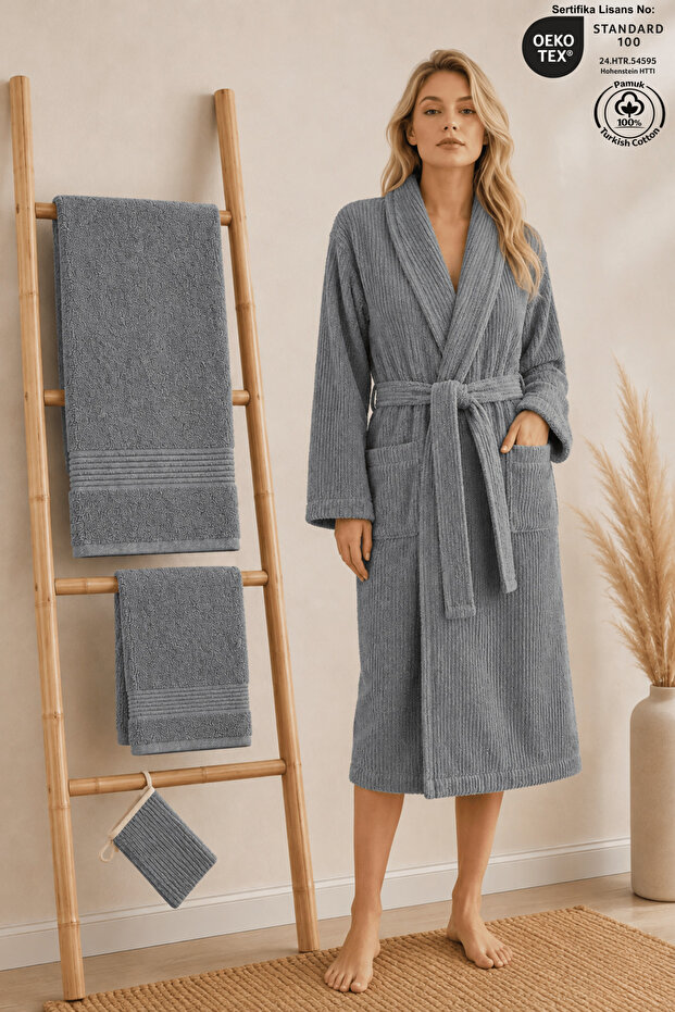 Eldy Women's Bathrobe Set 4 Pieces, 100% Cotton Certified Striped Shawl Collar Women's Bathrobe Set - Gray