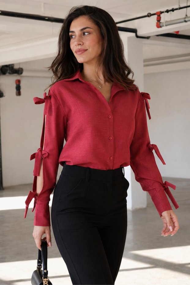 Women's Red Shirt with Slit Sleeves and Lace Detail Arm-26Y001058