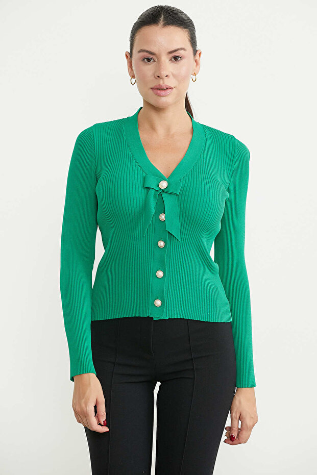 Pearl Buttoned Bow Detailed Knitwear Cardigan - Green