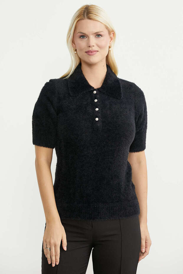 Polo Collar Soft Textured Knit Sweater - Black