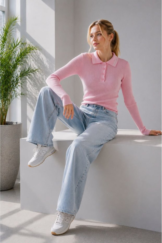 Polo Collar Contrast Ribbed Buttoned Ribbed Slim Fit Long Sleeve Knitwear Sweater Aw26Kz00037