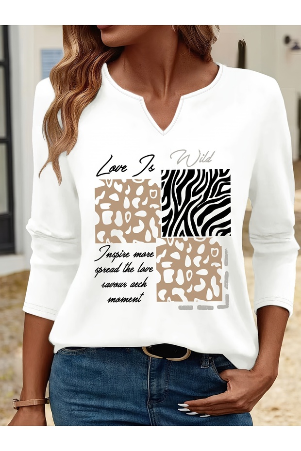 Printed Cotton Half V-Neck Long Sleeve Blouse T-Shirt