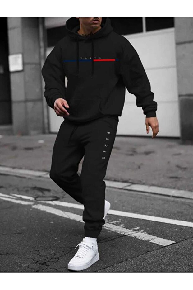 Paris Printed Unisex Black Men's Tracksuit Set Oversize Hooded