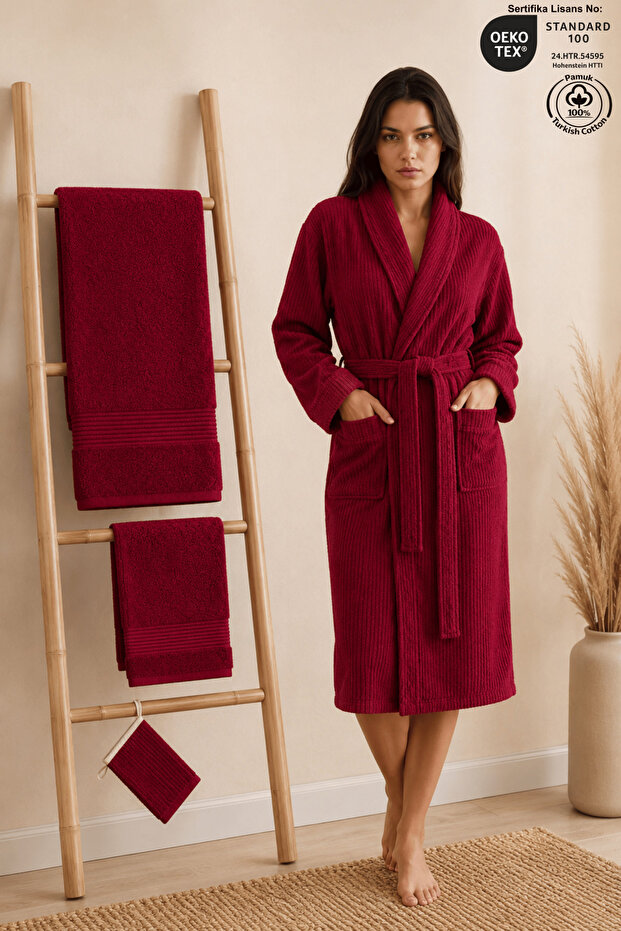 Eldy Women's Bathrobe Set 4 Pieces, 100% Cotton Certified Striped Shawl Collar Women's Bathrobe Set - Claret Red
