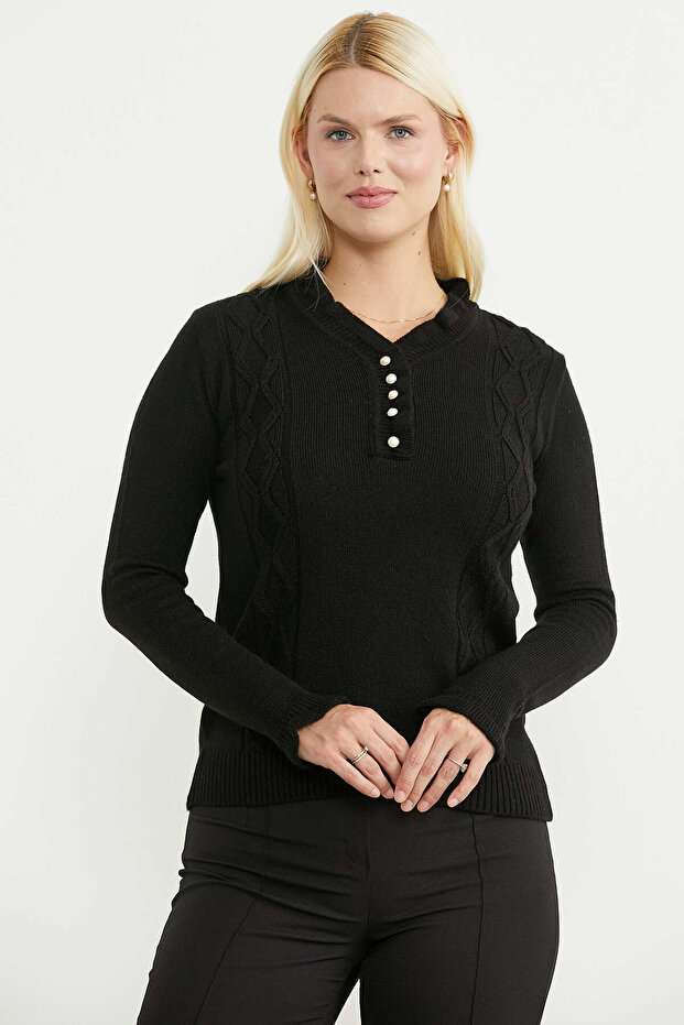 Pearl Button Detailed Motif Knitwear Sweater - Black