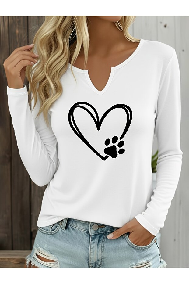 Printed Cotton Half V-Neck Long Sleeve Blouse T-Shirt